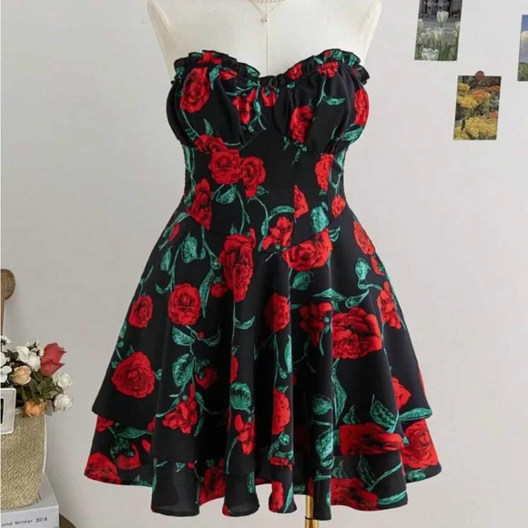SHEIN Black and Red Floral Mini Dress - Picture 1 of 2